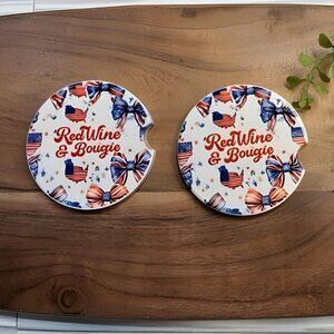 Red Wine & Bougie Car Coaster Set | Patriotic Car Décor | USA Accessories